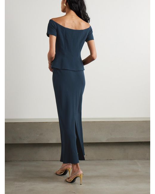 Saloni Blue Clementine Off-The-Shoulder Embellished Cady Midi Dress