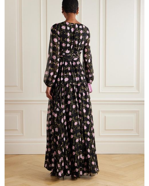 Robe Du Soir En Mousseline De Soie À Imprimé Fleuri Et À Fronces Giambattista Valli en coloris Black