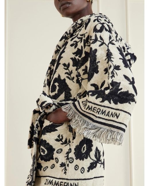 Zimmermann Black Wanderlust Hooded Fringed Cotton-Terry Jacquard Robe