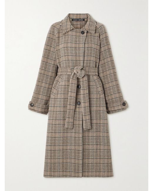 Kassl Natural Distressed Belted Checked Wool-Blend Coat