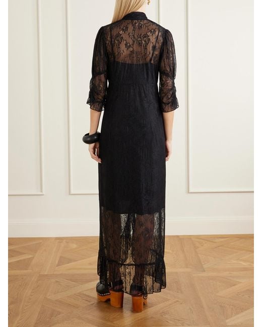 Anna Sui Black Tie-Detailed Ruffled Lace Midi Dress