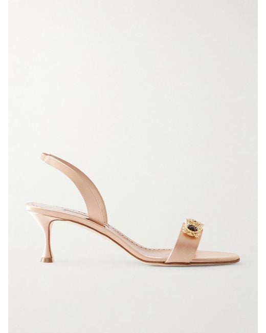Manolo Blahnik Natural Cupisan 50 Embellished Satin Slingback Sandals