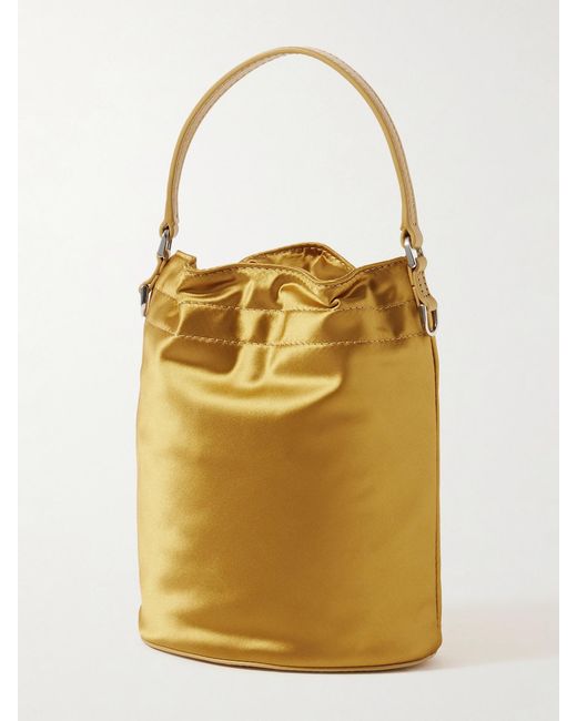 Staud Natural Lila Mini Leather-Trimmed Metallic Satin Bucket Bag