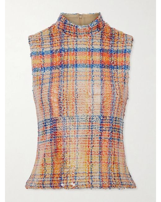 Brandon Maxwell Orange Piper Checked Sequined Mesh Turtleneck Top
