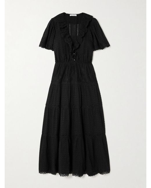 Doen Black Gabriella Ruffled Tiered Lace-Trimmed Point D'Esprit Cotton Dress