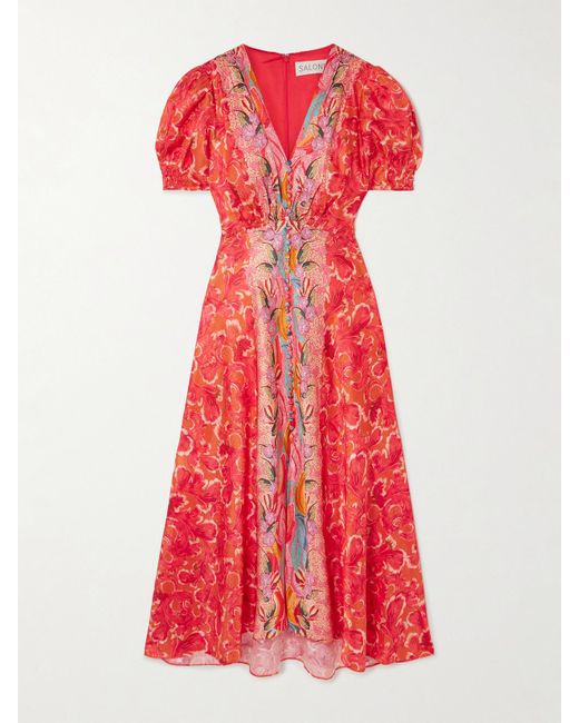 Saloni Red Lea Printed Silk-Satin Midi Dress