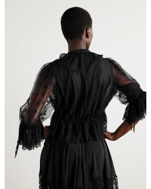Chloé Black Cropped Ruffled Embroidered Mesh Blouse