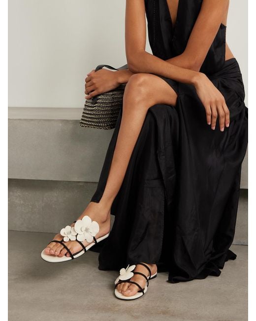Zimmermann Natural Orchid Appliquéd Leather And Grosgrain Slides