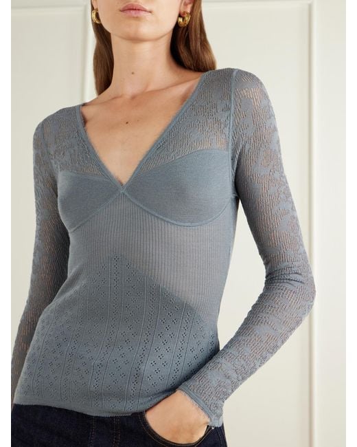 Zimmermann Gray Pointelle Merino Wool-Blend Lace Top