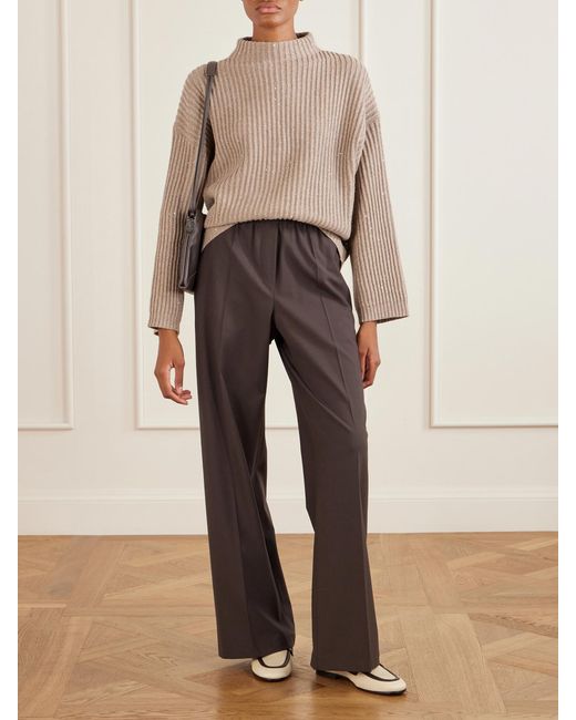 Brunello Cucinelli Natural Sequin-Trimmed Ribbed-Knit Turtleneck Sweater