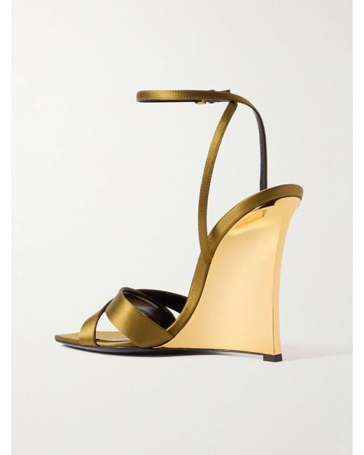 Saint Laurent Metallic Lucienne Leather-Trimmed Satin Wedge Sandals