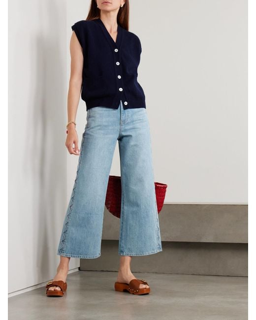 Veronica Beard Blue Taylor Cropped Scalloped High-Rise Wide-Leg Jeans