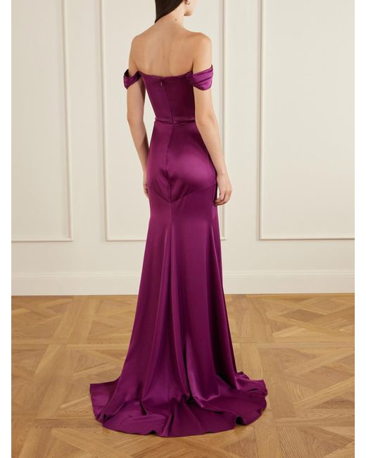 Alex Perry Purple Satin Off-The-Shoulder Gown