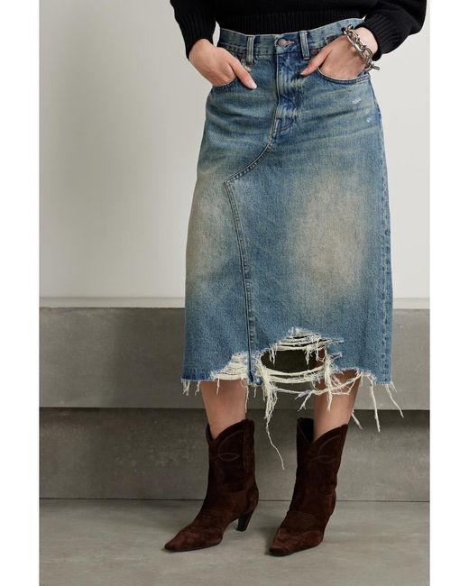 R13 Blue Jesse Distressed Denim Midi Skirt