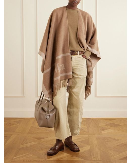 Max Mara Natural Fringed Wool-Jacquard Cape