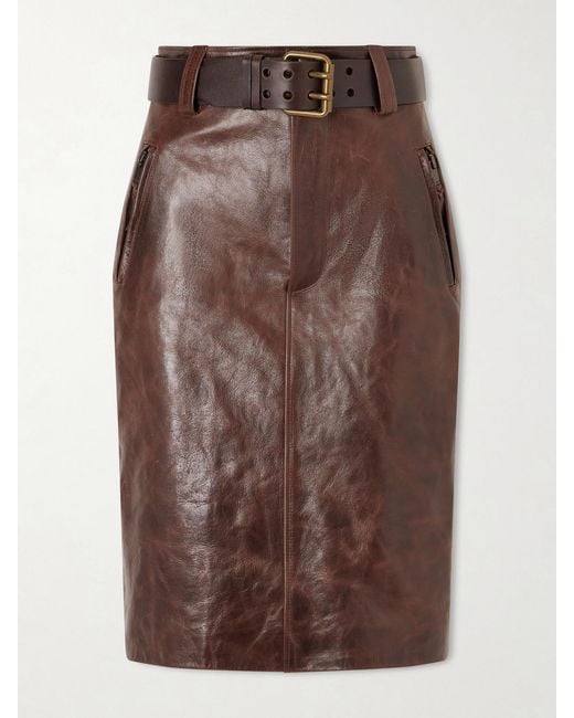 Saint Laurent Brown Belted Leather Pencil Skirt