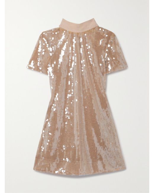 Staud Natural Ilana Cotton-Blend Faille-Trimmed Sequined Tulle Mini Dress