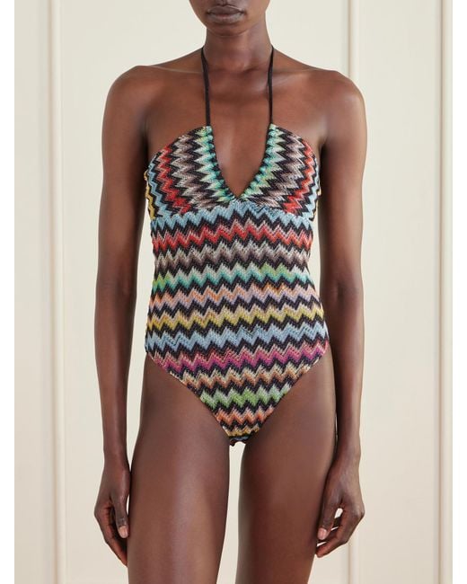 Missoni White Striped Metallic Crochet-Knit Swimsuit