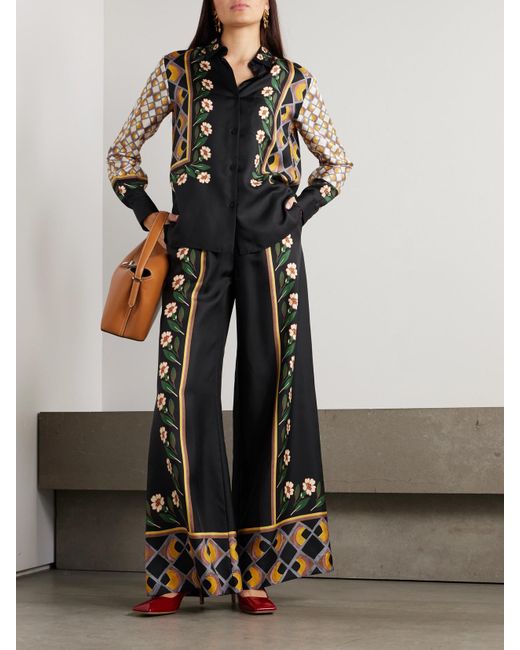 LaDoubleJ Black Icon Palazzo Printed Silk-Twill Wide-Leg Pants