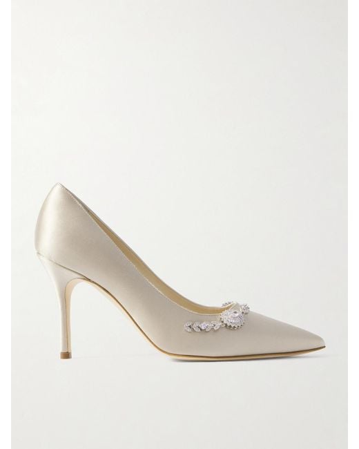 Manolo Blahnik White Lamikpump 90 Crystal-Embellished Satin Pumps