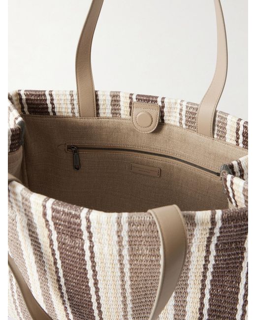 Brunello Cucinelli Natural Striped Leather-Trimmed Raffia Tote