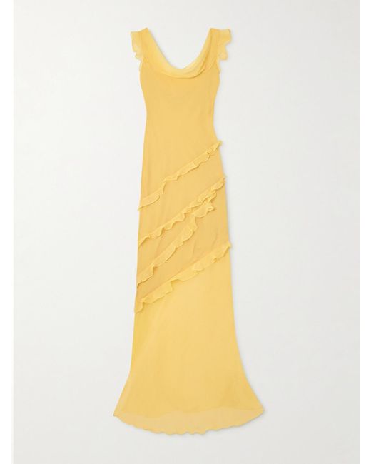 Saloni Yellow Renu Draped Ruffled Silk-Blend Crepon Gown