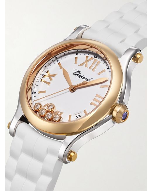 Chopard White Happy Sport 36Mm 18-Karat Rose, Stainless Steel And Diamond Watch