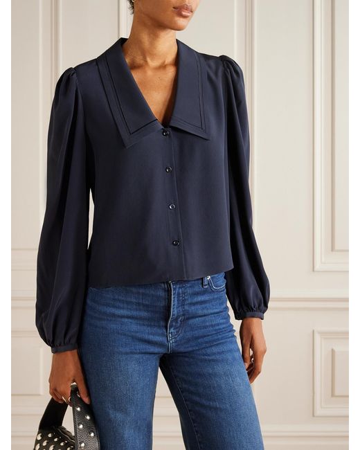 FRAME Blue Sailor Embroidered Silk Blouse