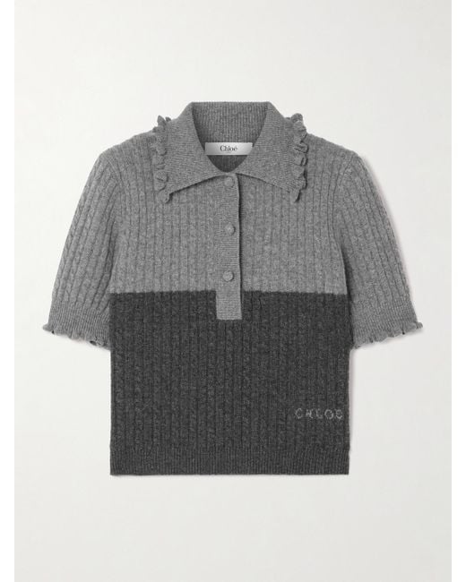 Chloé Gray Two-Tone Cable-Knit Wool And Cashmere-Blend Polo Shirt