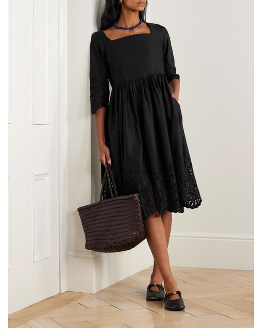 Robe Midi En Popeline De Coton À Broderie Anglaise, Fronces Et Festons Amalia Thierry Colson en coloris Black