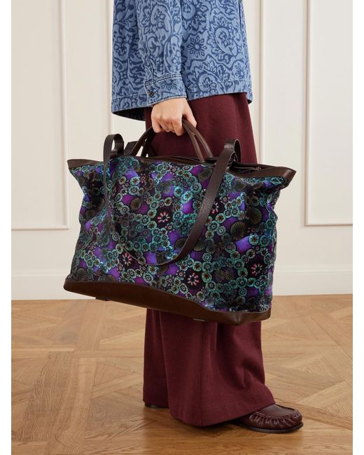 Dries Van Noten Blue Carter Printed Leather-Trimmed Velvet Tote