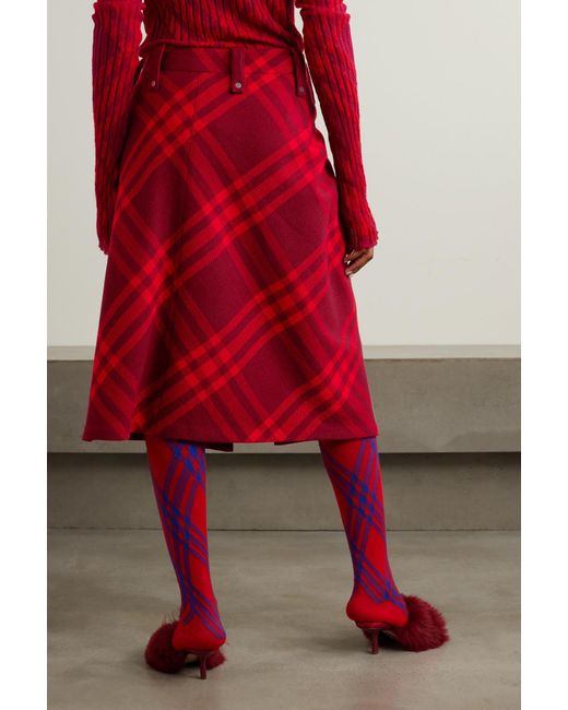 Burberry Wrapeffect Checked Wool Midi Skirt in Red Lyst