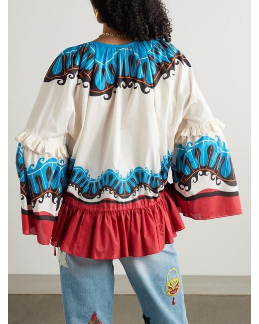 LaDoubleJ Blue Mother Boho Tie-Detailed Printed Cotton Peplum Blouse
