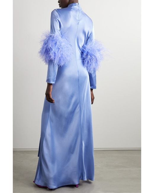 LAPOINTE Blue Feather-Trimmed Ruched Satin Gown