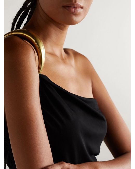 Bottega Veneta Black One-Shoulder Asymmetric Embellished Satin-Jersey Midi Dress