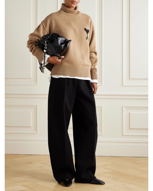AMI Natural Oversized Intarsia-Knit Wool Turtleneck Sweater