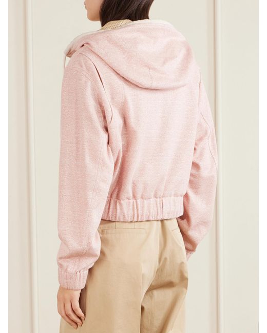 Moncler Pink Appliquéd Canvas-Trimmed Linen And Cotton-Blend Zip-Up Hoodie