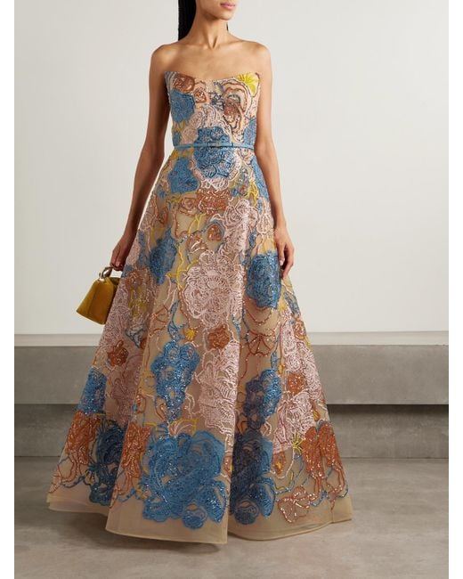 Elie Saab Blue Strapless Belted Sequin-Embellished Embroidered Tulle Gown