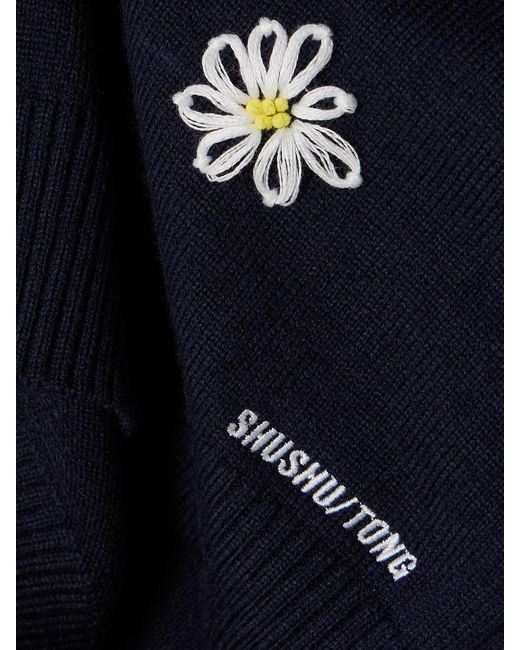 ShuShu/Tong Blue Cropped Embroidered Knitted Polo Shirt