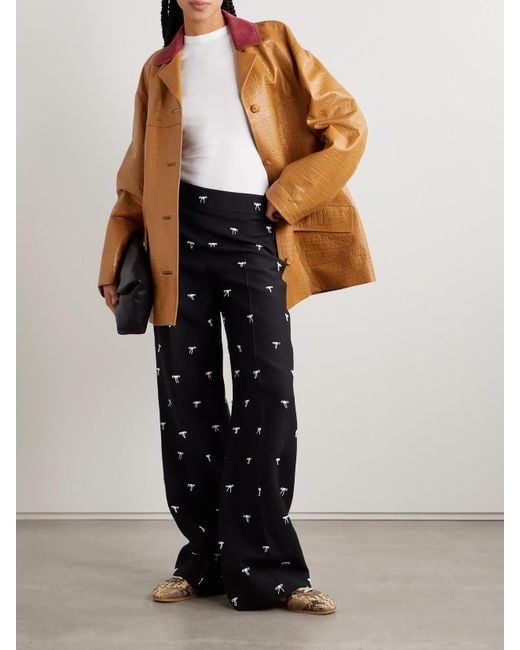 Valentino Garavani Black Bow-Embellished Wool And Silk-Blend Twill Wide-Leg Pants