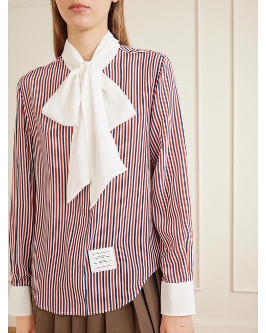 Thom Browne Pink Bow-Detailed Striped Silk Crepe De Chine Shirt
