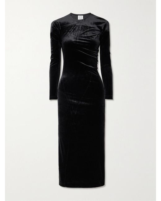 Totême Black Gathered Stretch-Velvet Midi Dress