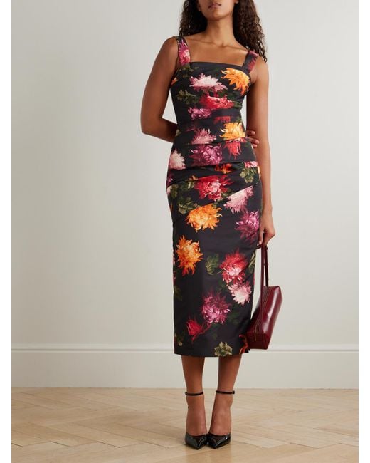 Carolina Herrera White Midikleid Aus Faille Mit Blumenprint Und Falten