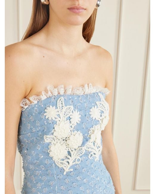 Rodarte Blue Appliquéd Sequin-Embellished Lace-Trimmed Denim Midi Dress