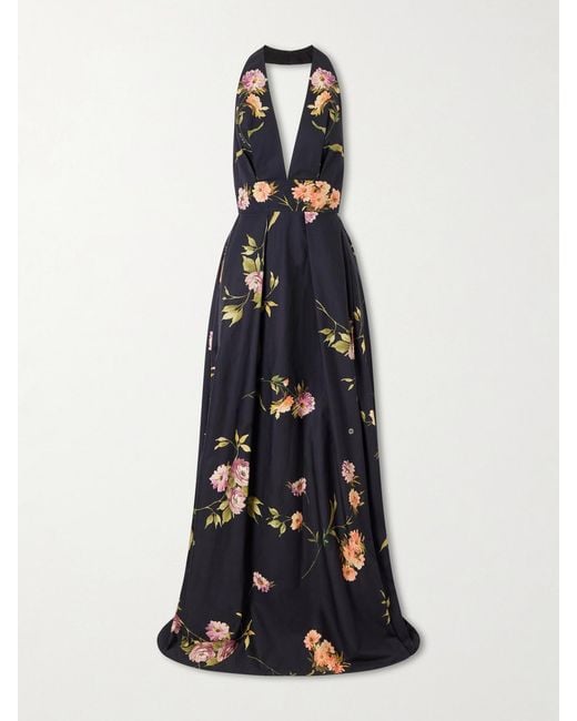Elie Saab Blue Pleated Floral-Print Cotton-Poplin Halterneck Gown