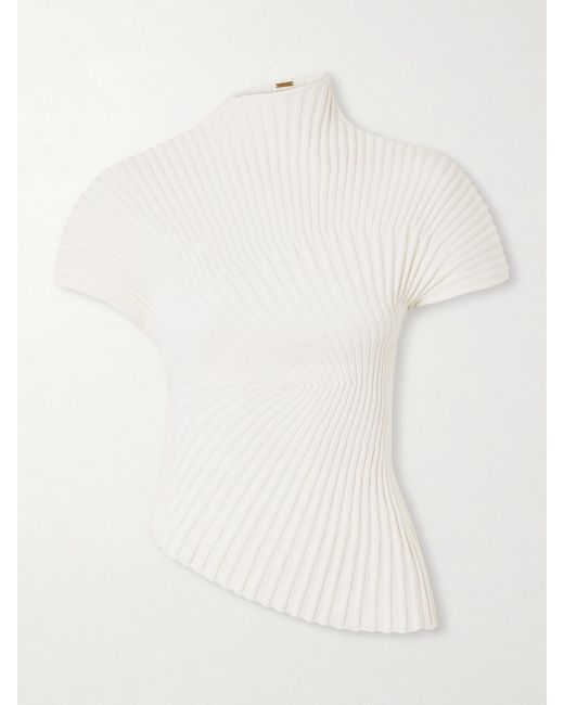 Cult Gaia White Annemie Asymmetric Ribbed Cotton Top