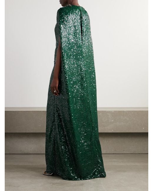 Erdem Green Robe Aus Crêpe Mit Kristallen, Pailletten Und Cape-Effekt