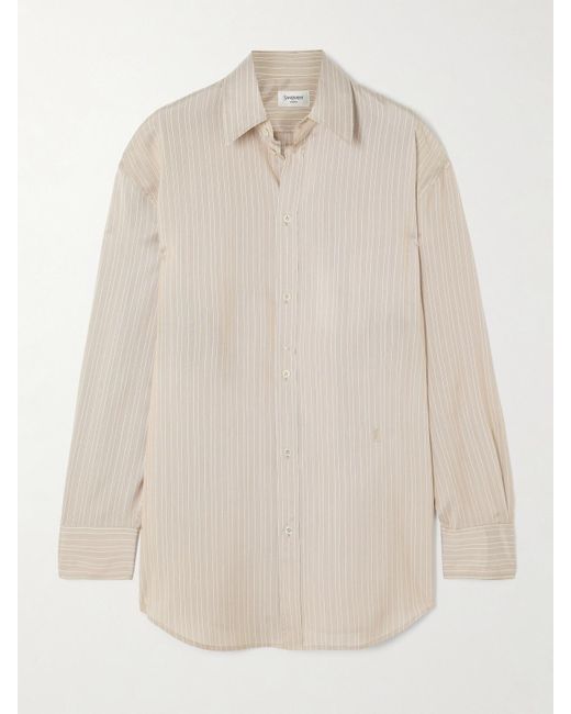 Saint Laurent White Hemd Aus Gestreifter Seide Mit Stickerei