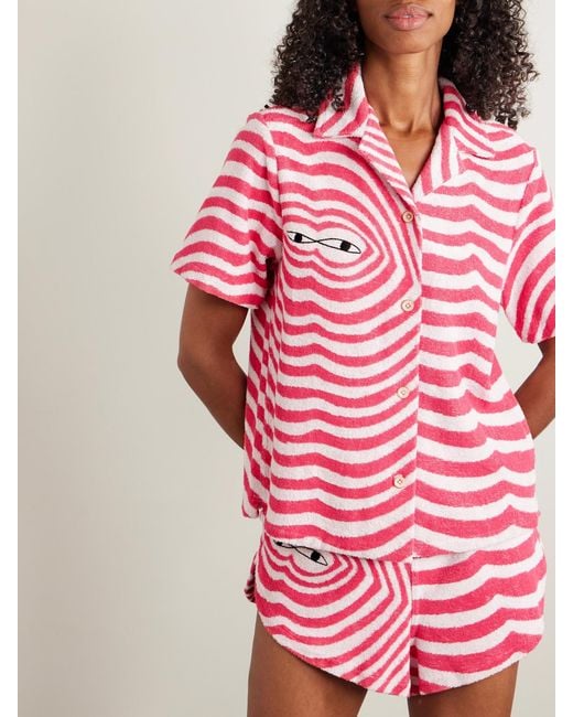 The Elder Statesman Pink Embroidered Striped Cotton-Terry Shirt