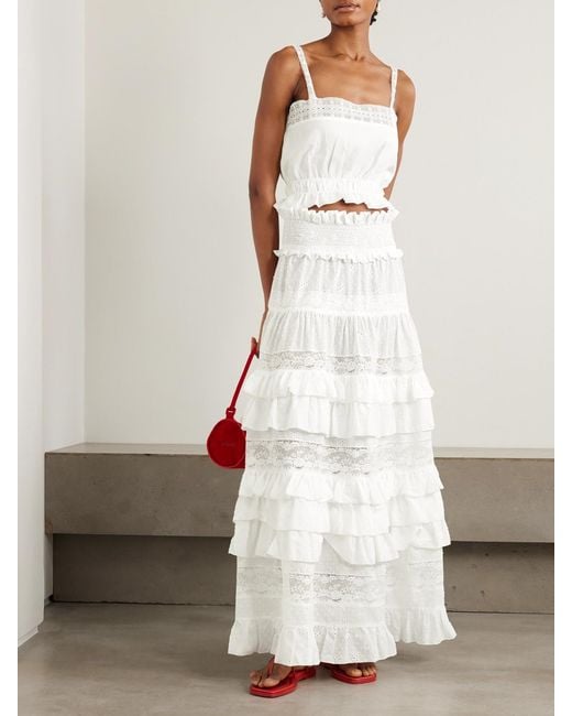 Loretta Caponi White Tina Tiered Ruffled Lace-Trimmed Broderie Anglaise Cotton Maxi Skirt